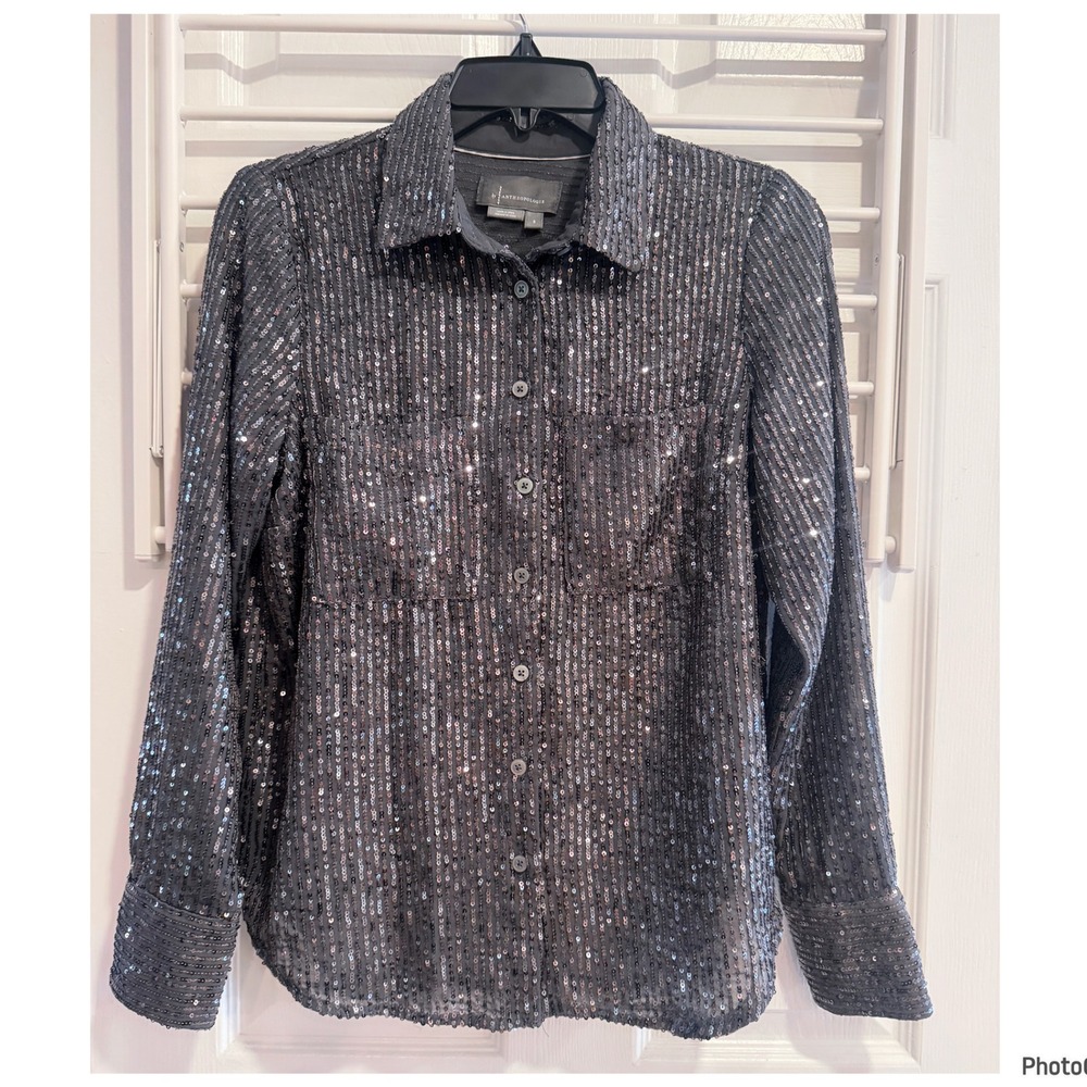 Anthropologie Gray Sequin Collared Button Down Blouse Top Glam Party Small